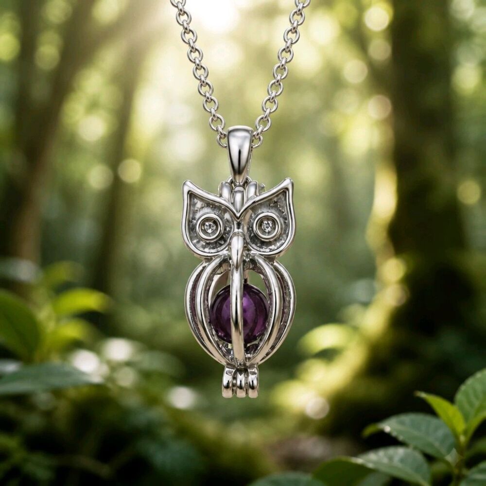Owl Hindged Silver Caged Purple Pearl Pendant Necklace